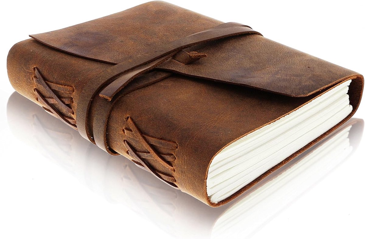 SnelShoppen - Leren Notitieboek met Lijnen, Handgemaakt van 100% Echt Buffelleer, 400 Pagina's Kraft Papier, 18x13cm, Perfect voor Reizen en School, U