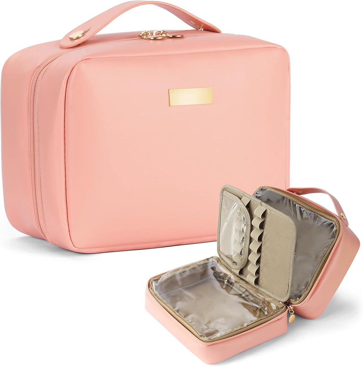 SnelShoppen - Grote Makeup Bag voor Vrouwen, Reis Toilettas van Leer, Waterdichte Cosmetica Tas met Handvat en Verdelers, Ideaal voor Make-up, Toilett