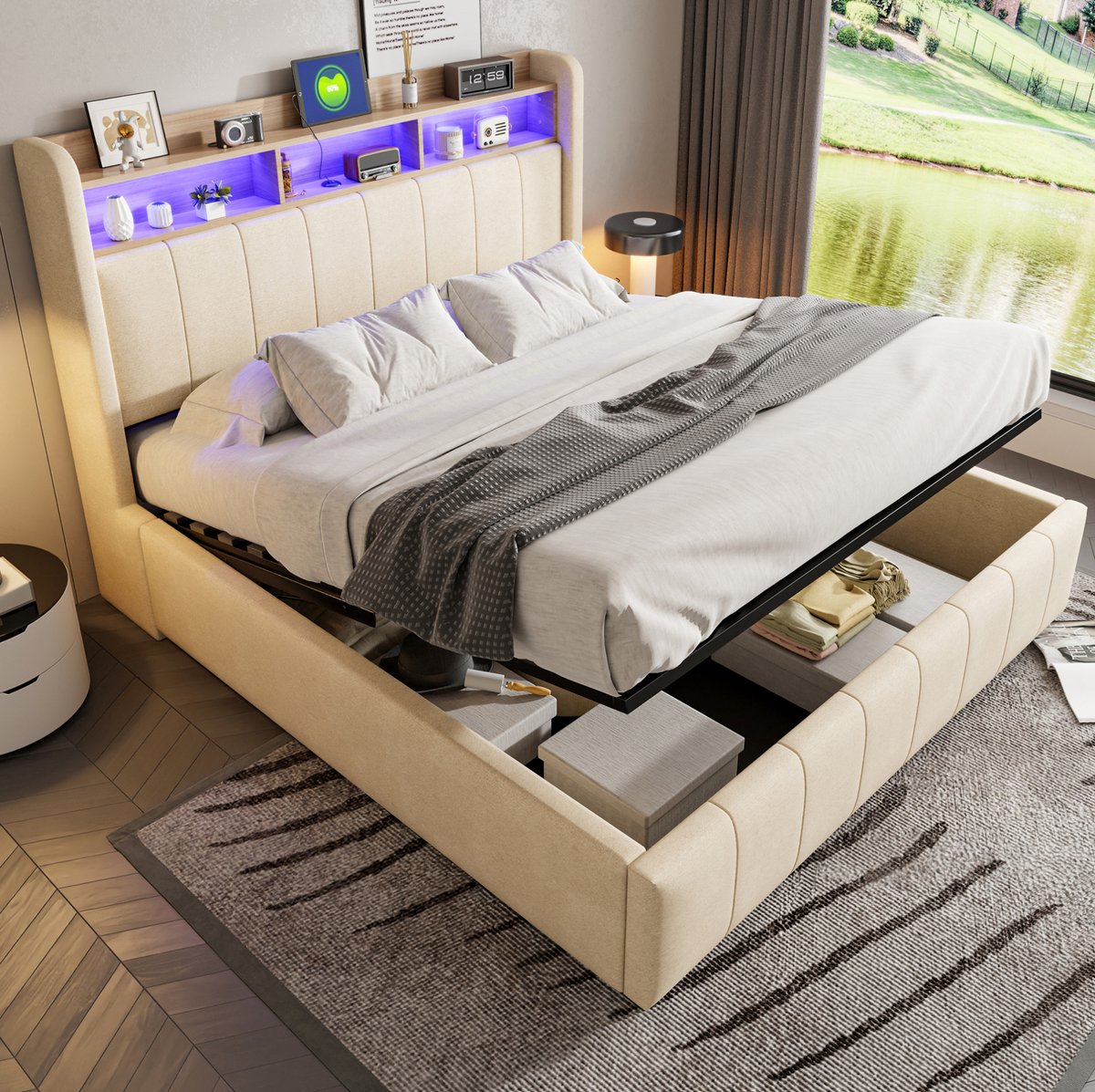 WUVRIE Gestoffeerd bed 160x200 cm met LED, USB- en Type-C-poorten, opbergruimte en hydraulische lift, beige