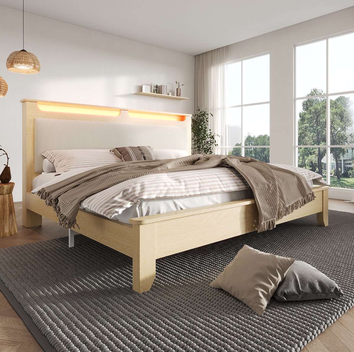 WUVRIE Tweepersoons bedframe 160x200 cm met LED-hoofdbord, opbergruimte en lattenbodem, beige/houtkleur