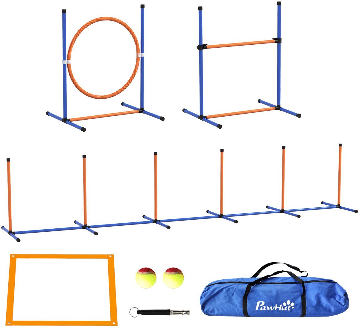 Hondentrainingsset 352 × 66 × 69 cm (slalom) 73 × 66 × 92 cm (slalom of springring) Oranje en blauw Kunststof Hondentrainingsmateriaal, obstakeltraining, stabiel en duurzaam, praktisch en stijlvol, geschikt voor hondentraining buiten