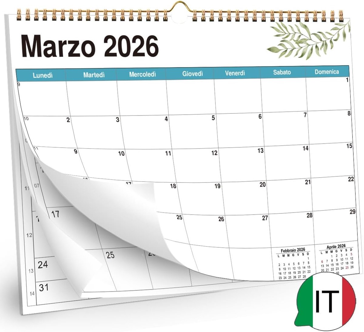 SnelShoppen - Wandkalender 2025-2026 A4 Planner 16 Maanden September 2025 - December 2026, Maandelijkse Hanger met Vakantieoverzicht, Italiaans Design