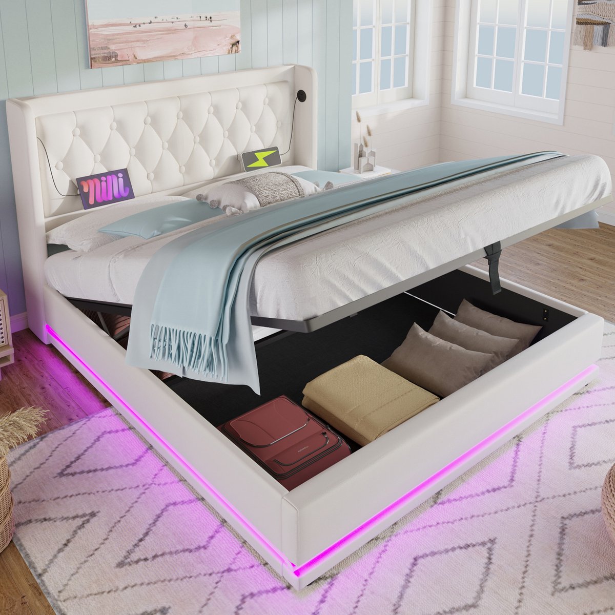 WUVRIE Gestoffeerd opbergbed 180x200 cm met LED, USB-C en hydraulische lift, wit kunstleer
