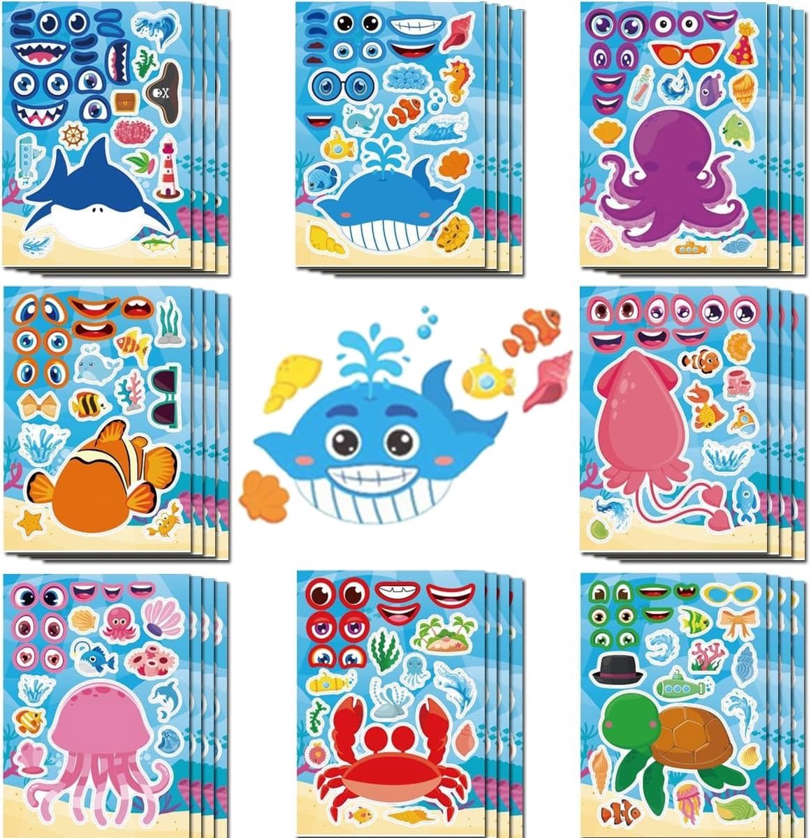 32 Dieren Stickers Set voor Kinderen, DIY Gezicht Stickers, 6 Zeedier Patronen, Perfect voor Feestjes en Creatieve Activiteiten