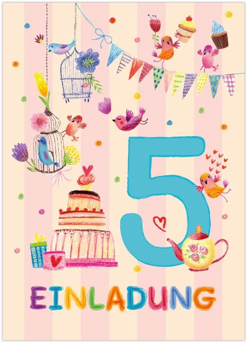 SnelShoppen - 12 Uitnodigingskaarten 5e Verjaardag Meisje - Vogelontwerp A6 - Stevige UV-gelakte Kaarten - Perfect voor Kinderfeestje
