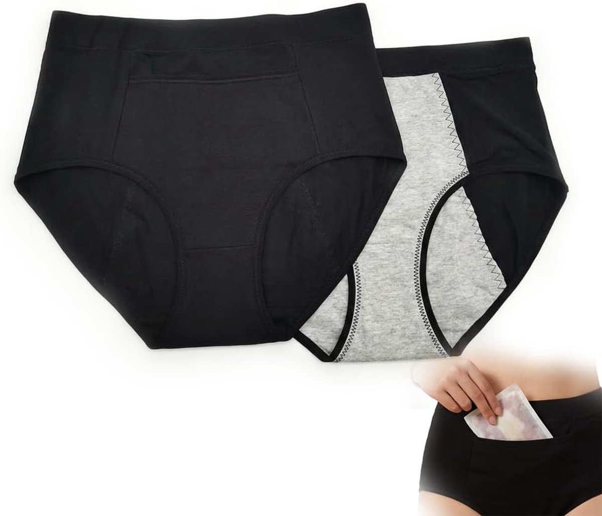 Incontinentie-ondergoed voor dames, wasbaar, menstruatieondergoed voor dames, wasbaar, absorberend, lekvrij, katoen, menstruatieslips voor lichte incontinentie en kraambed (zwart, XXL)