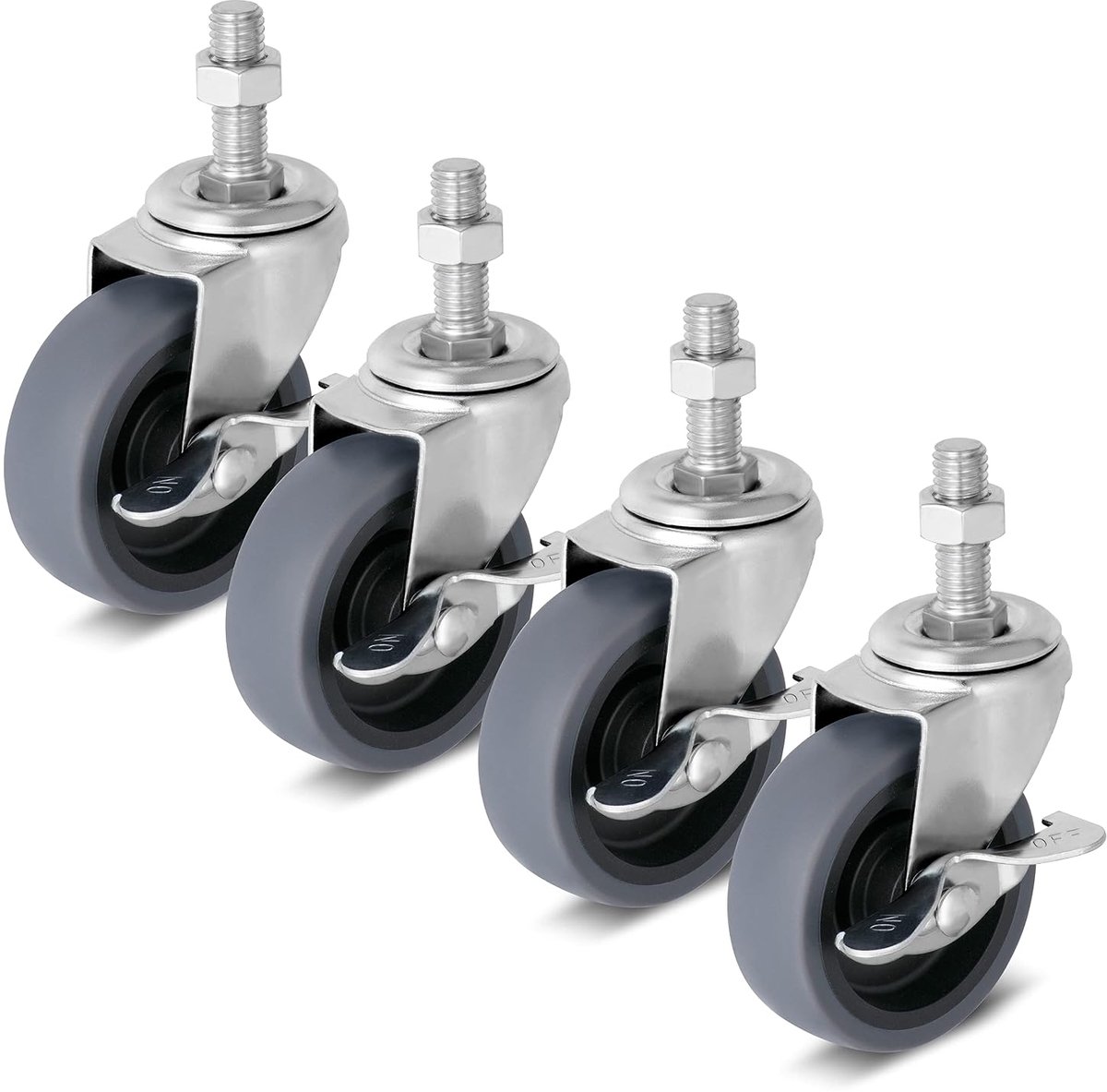 Wielen 3" vergrendeling stuurpen wielen, 1/2" -13 x 1-1/2" (stuurpen diameter 1/2", steellengte 1-1/2") schroefdraad wielen zwenkwielen set van 4 Heavy Duty wielen grijs