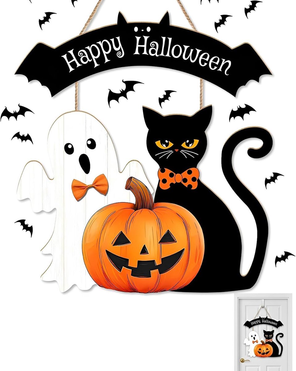 Deurdecoratie, 1 x deurbord, weerbestendige deurbanner met oogje, pompoen en geest voor voordeur buiten, onmiddellijke sfeer zonder boren voor het complete Halloween-seizoen