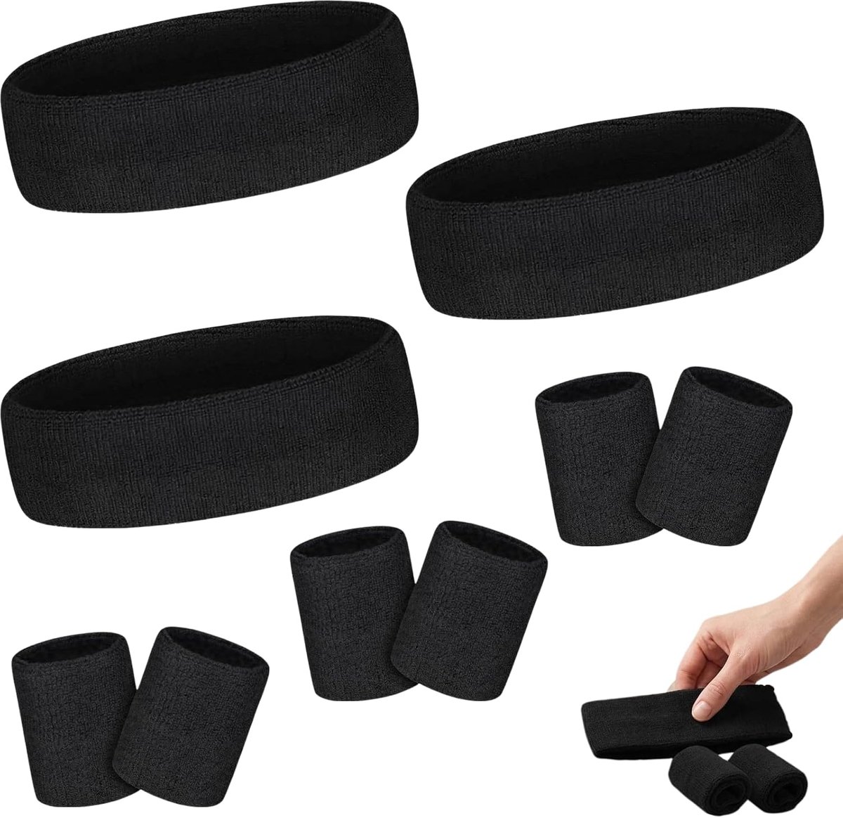 9 stuks sportzweetbanden, absorberende zweetbanden met 3 sporthoofdbanden en 6 zweetbanden voor de pols, voor fitness, voetbal, tennis, dames en heren (zwart)