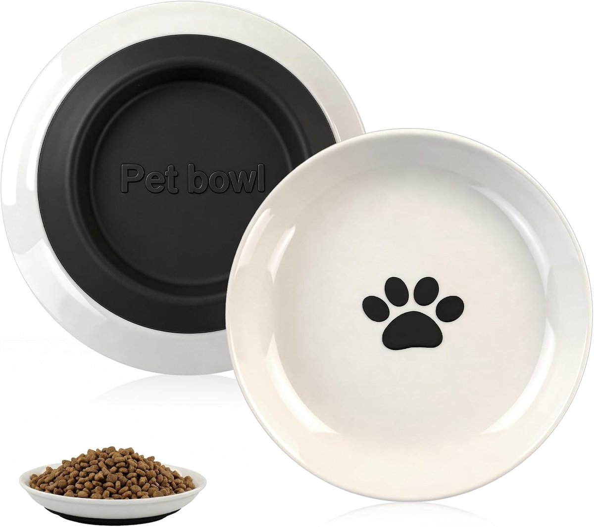 2 stuks keramische kattenkom, voerbak voor kat, antislip voerbak voor kat, platte keramische kattenschotel met antislip siliconen bodem