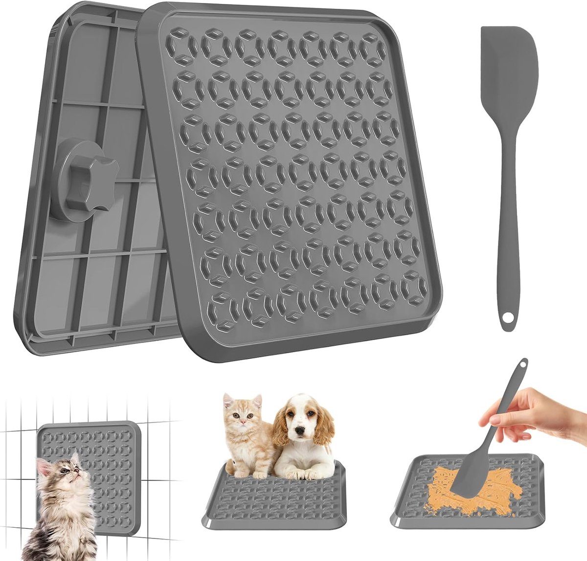Likmat voor honden: mentale stimulatie en langzame voeding plastic pad - 20,1 cm krattraining - verveling buster kat en hond voor eigenaren van huisdieren (grijs)