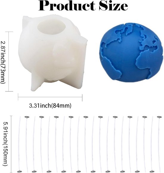 Aarde kaars mal, siliconen planeet mal, The Earth Resin Mould, Globe Candle Mold met 50 stuks Candlewick voor zeep Polymeer Klei Kaars Geurende Aromatherapie Wax Gips Crafting Home Decor — afbeelding 2