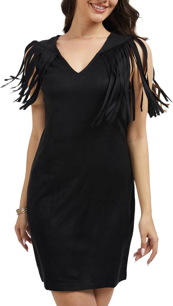 Boho suède mini-jurk met franjes, V-hals, herfst en winter, mouwloze jurk, tankjurk, vest, cowgirl, hippieparty, cowboy, cosplay outfits, kostuum
