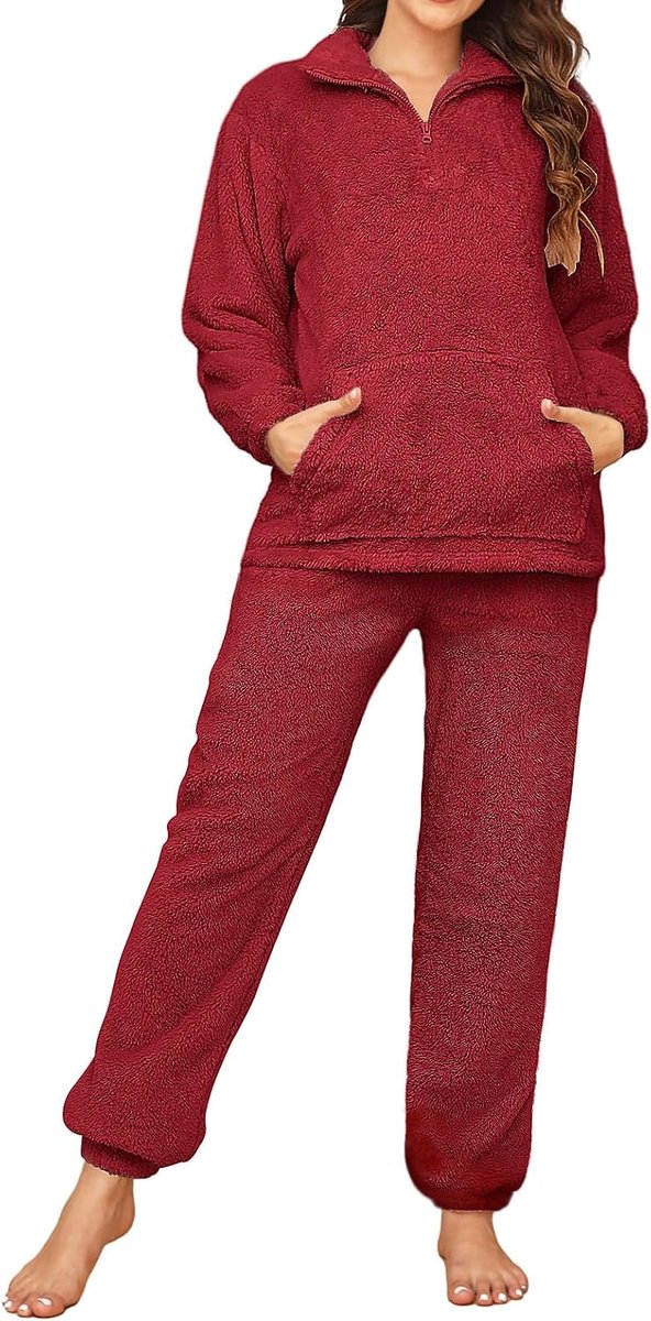 Pyjama voor dames, pluizige pyjamasets met rits, pluche loungekleding, winter fleece, nachtkleding, warme sherpa-pulloverbroek met zakken, Wijn, S