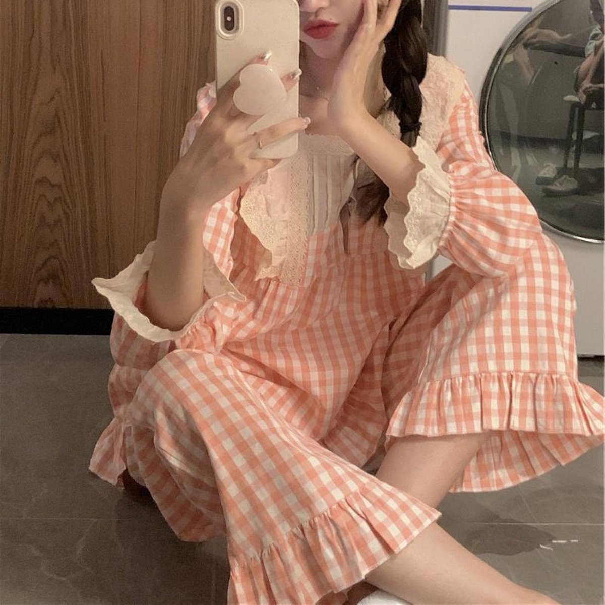 Lente Ruches Pyjama Set - Mode Vierkante Kraag Lange Mouw Zoete Plaid Print Loungewear Tweedelige Set,Mode Zachte Kant Nachtkleding Knop Omhoog Versie Nachtkleding Lounge-Outfit,Roze,Een Maat