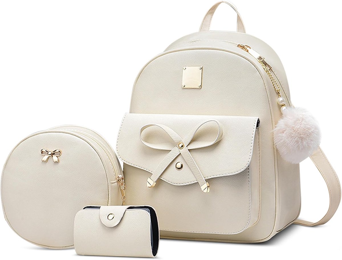 Rugzak voor dames, van PU-leer, elegant, handtassen, achterkant, diefstalbeveiliging, waterdicht, schattig, schooltas, meisjes, 3-delige set met schoudertas, voor reizen, werk