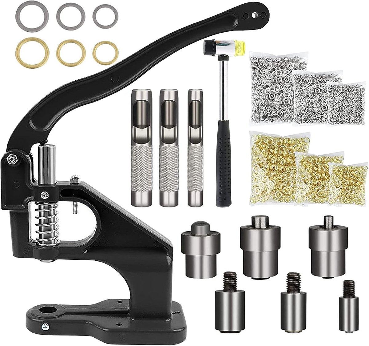 Multifunctionele oogpers, handpersset met hamer: 3 stempelsets en 1500 oogjes (6/10/12 mm) inclusief – perfect voor ogen, drukknopen en meer – je alles-in-één gereedschapsoplossing