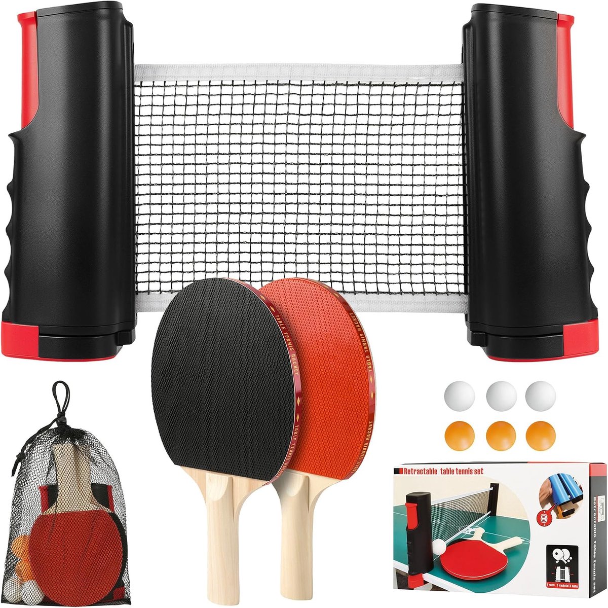 Tafeltennistenset, professioneel, tafeltennisracket, rood/zwart
