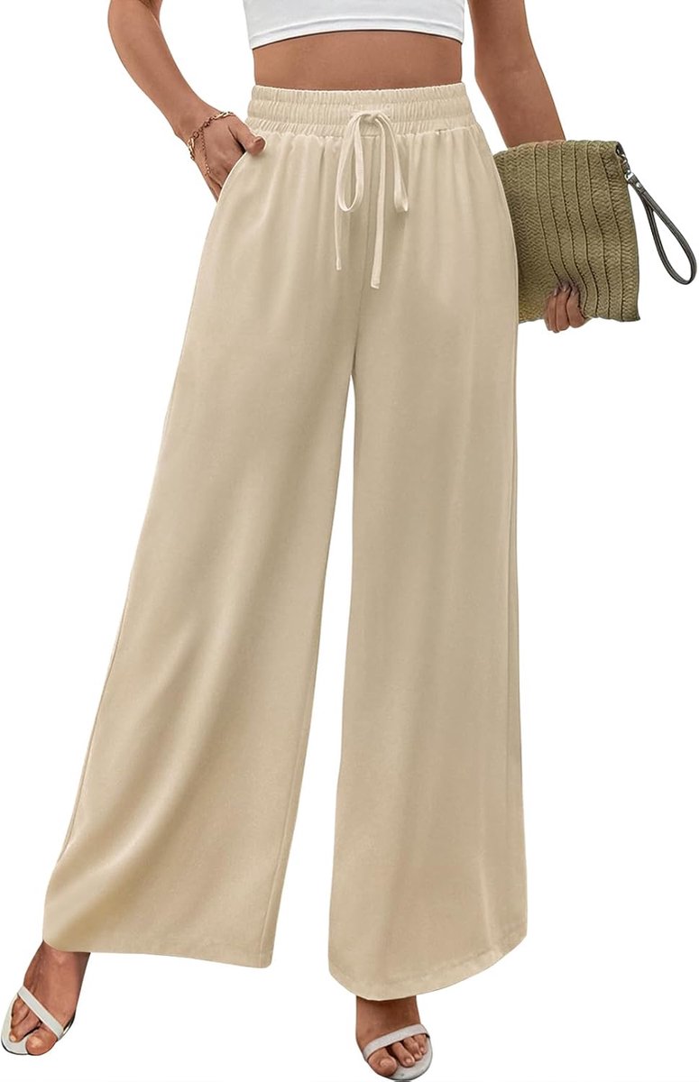 Damesbroek met hoge taille, brede broek met verstelbaar trekkoord en palazzo-zakken, losse broek, elegant