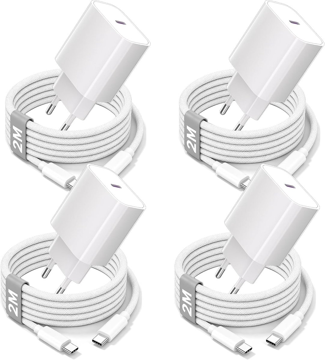 Set van 4: 25 W USB C-oplader met 2 m gevlochten oplaadkabel, PPS snellader, PD3.0, universele oplader, USB-C-stekker, voeding, compatibel met iPhone 17/16/15/14/13, Samsung, Googel Pixel, iPad