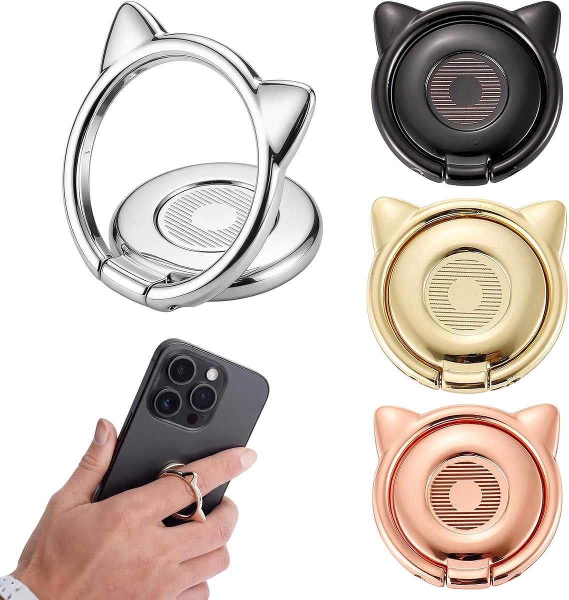 4 stuks telefoonringhouder met kattendesign, 360° draaibaar, universeel, veilige grip voor smartphones en tablets
