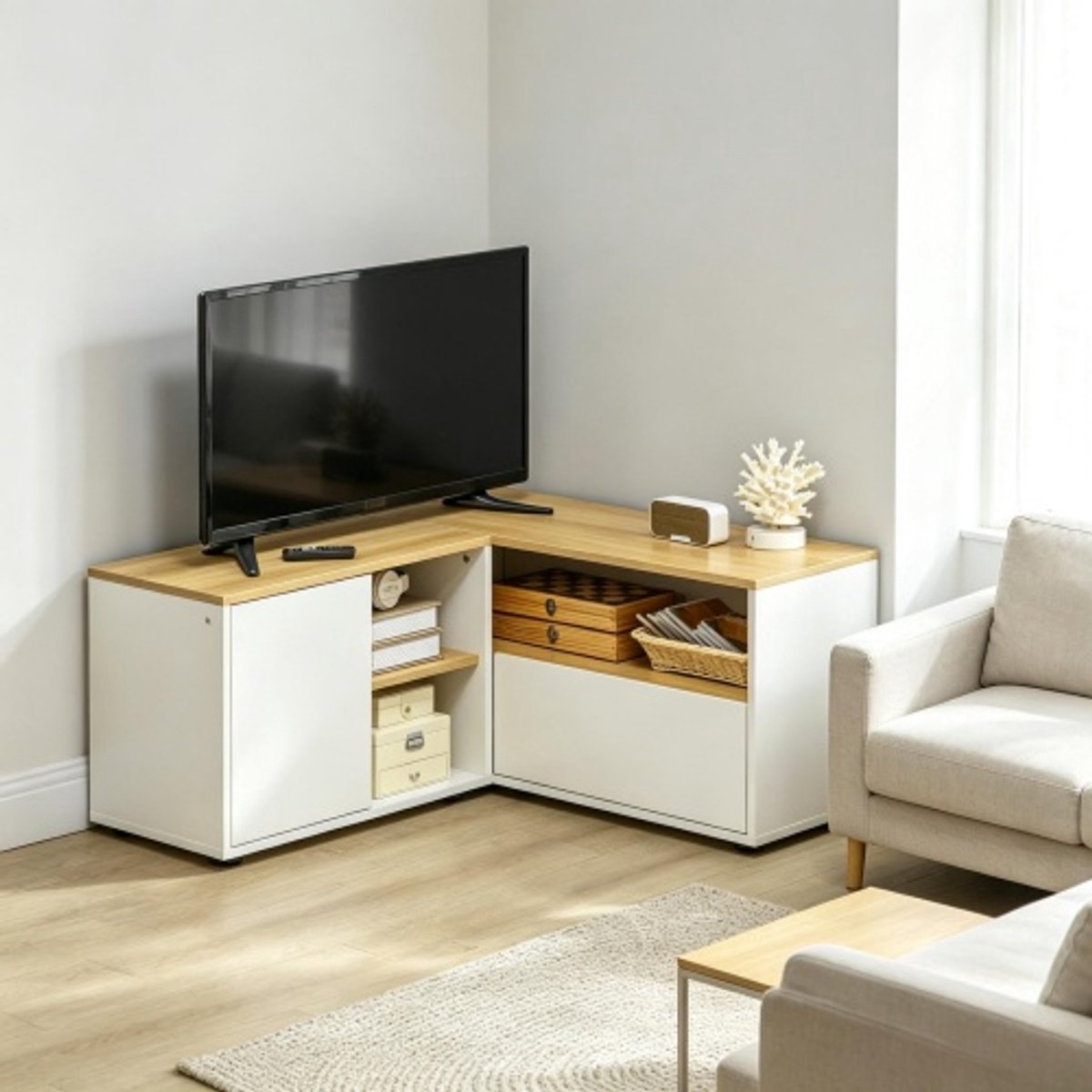 TV-Meubel Scandinavisch – Met 3 Open Vakken en 2 Kasten – Licht Hout/Wit – Spaanplaat – Max. 80 kg – 90 x 90 x 45 cm