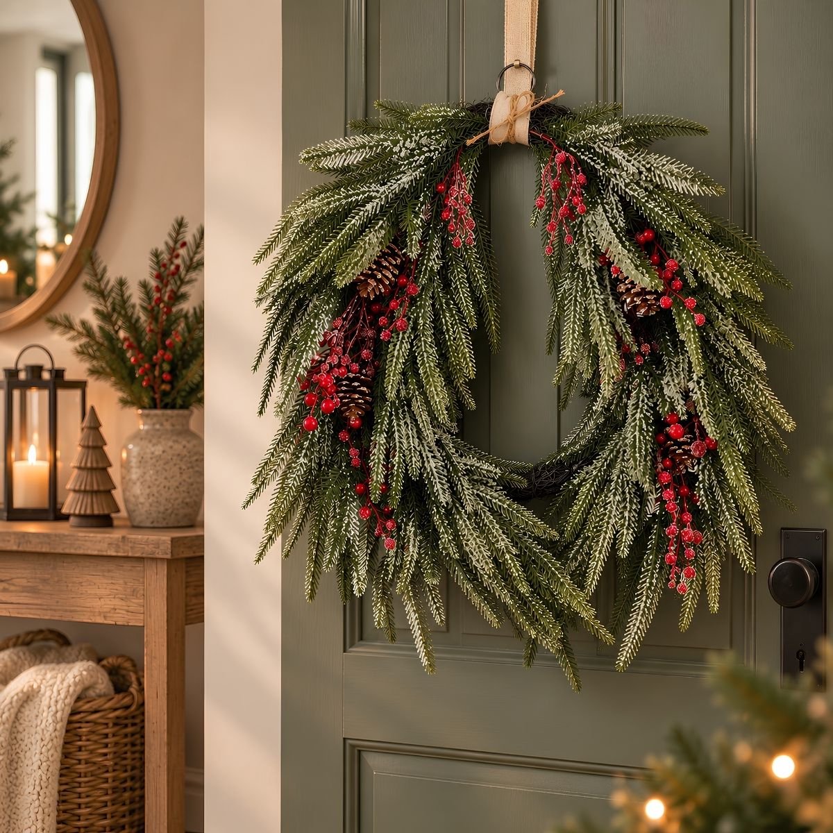Mica Decorations Krans Dennenappel Groen - Kerstkrans met Rode Bessen en Dennenappels - Decoratieve Deurkrans voor Kerst - Gemaakt van Stevig Polyethyleen - 61 x 50 x 13 cm – foto 7