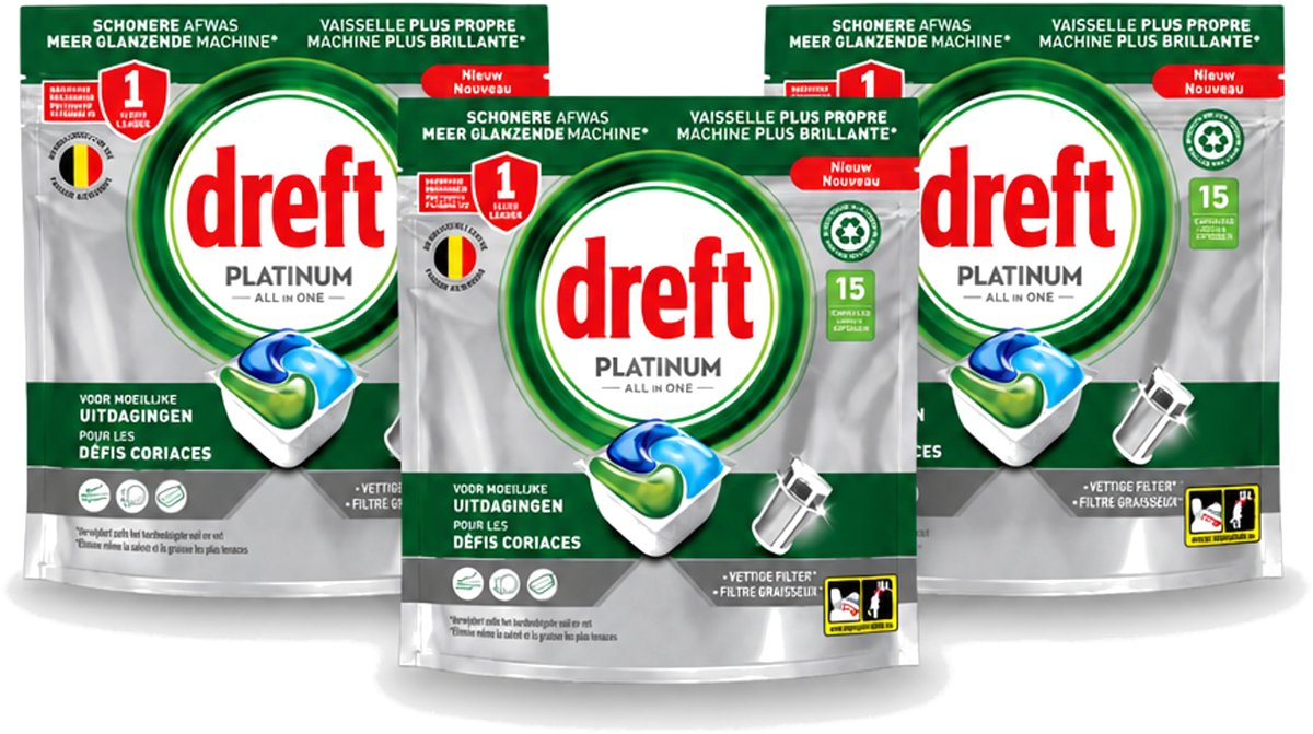 3 x Dreft – Vaatwascapsules – Platinum All-in-One – 15 Capsules - Voordeelverpakking - 3 stuks