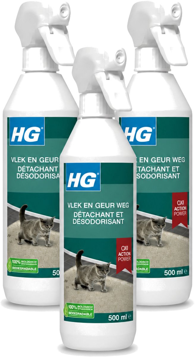 3 x HG - Vlek & Geur Weg - Tegen Kattengeuren- Oxi Action Power - 100% Biologisch - 500 ml - Voordeelverpakking - 3 stuks