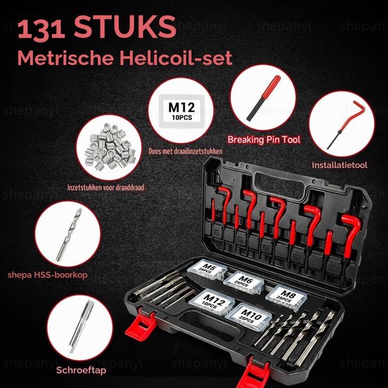 131-delige schroefdraadreparatieset, schroefdraadreparatieset met M5 M6 M8 M10 M12 inzetstukken, hulzen, Helicoil-set, schroefdraadreparatiegereedschap, boorhulzen — afbeelding 2
