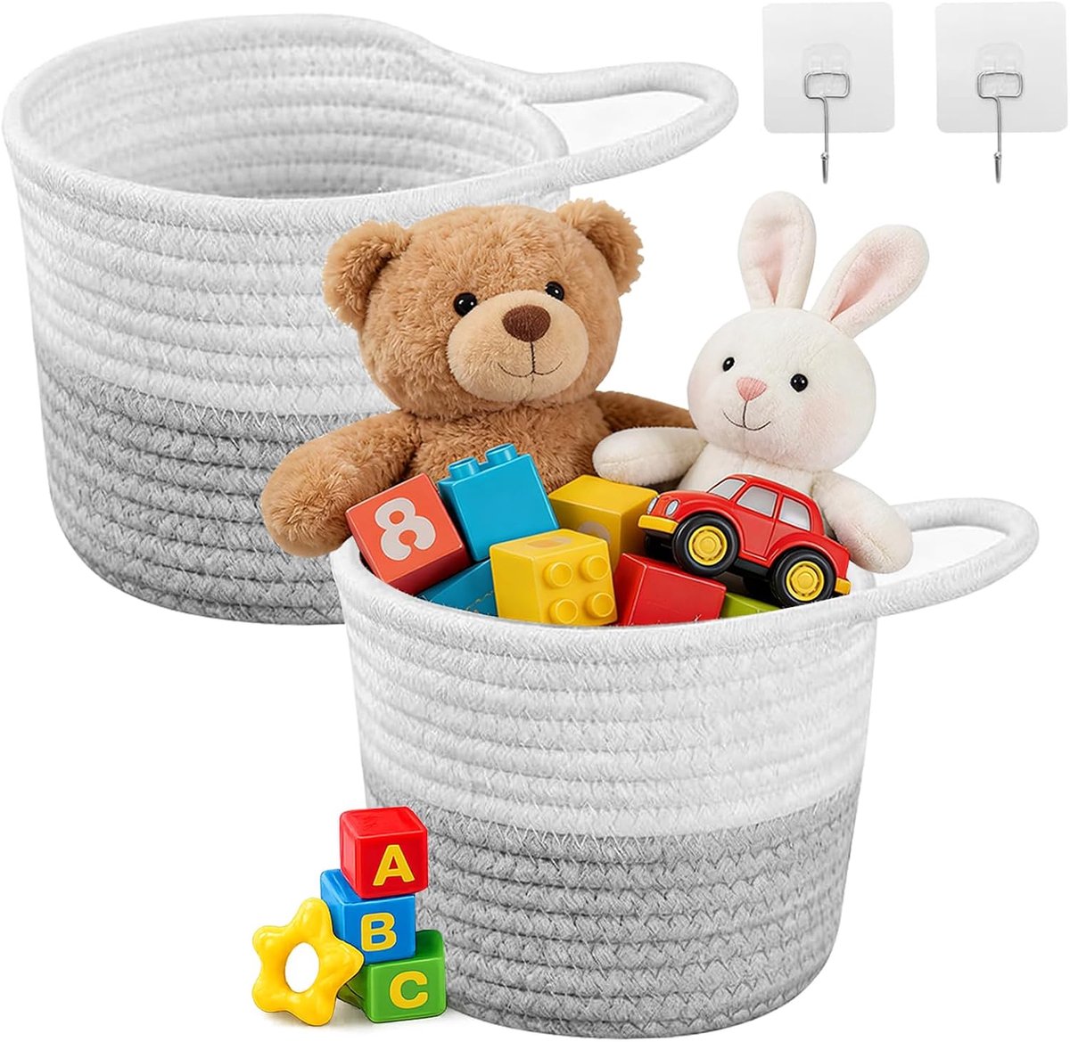 Set van 2 hangmanden, 15 x 15 cm, gevlochten wandmand van katoen met handvat, opbergmand om op te hangen, voor keuken, badkamer en slaapkamer, mandorganizer voor planten en accessoires (wit/grijs)