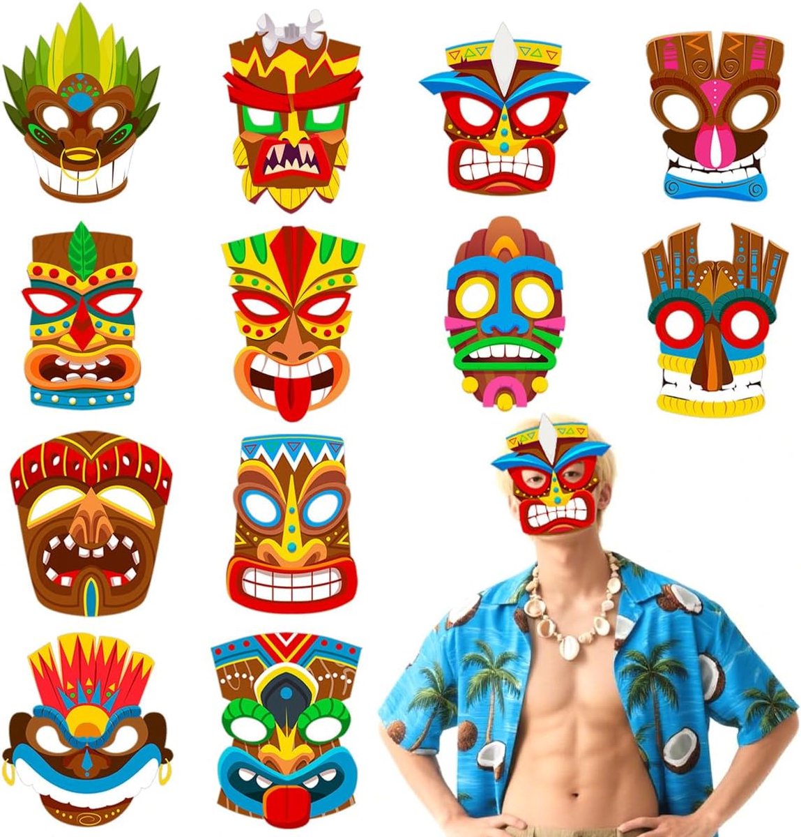 Feestmasker, Tiki Maskers Set, Kleurrijke Hawaiiaanse Tropische Maskers voor Luau Feest, Fotobooth, Verkleedfeest en Zomerdecoratie