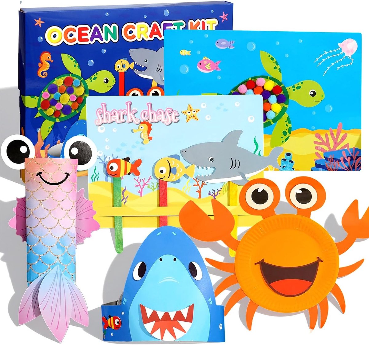 Knutselset voor kinderen jaar, creatieve set oceaan, 6-in-1, met krab, zeemeermin, grote vis, vishengel, haaienhoed en pompon-kunst