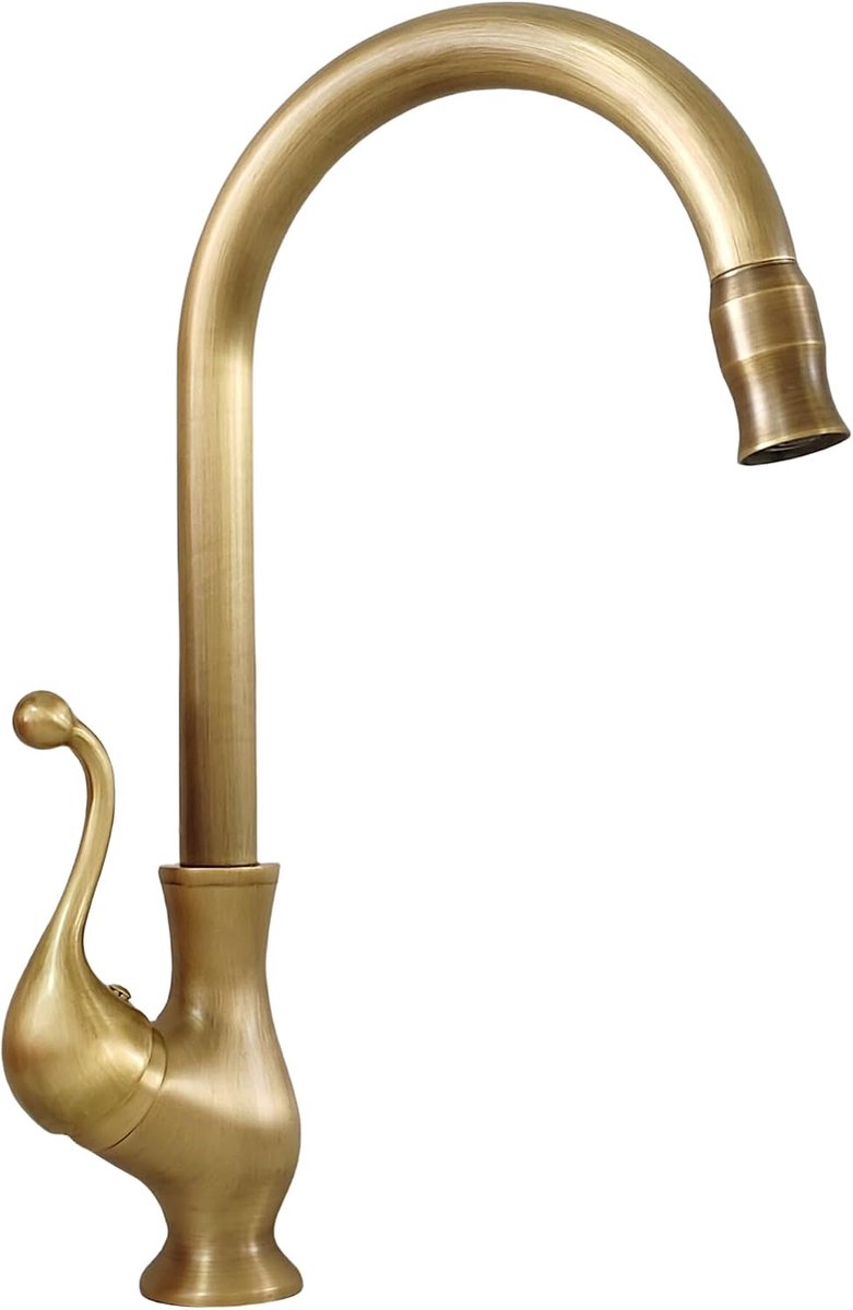 360° Draaibare Waterkraan Keuken Antiek Messing, Hoge Keukenkraan Brons, Retro Eengreeps Mengkraan Spoelbakarmatuur met Hoge Booguitloop