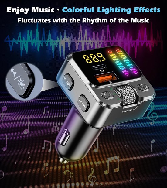 Bluetooth 5.3 FM Transmitter Auto - 42W PD Snellader - USB-C & AUX - Handsfree Bellen - LED Beat Sync - Geschikt voor 12V-24V Voertuigen - Bluetooth Muziekadapter — afbeelding 4