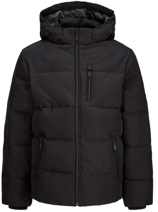 Zwarte gewatteerde jas met capuchon en rits voor jongens van Jack & Jones.