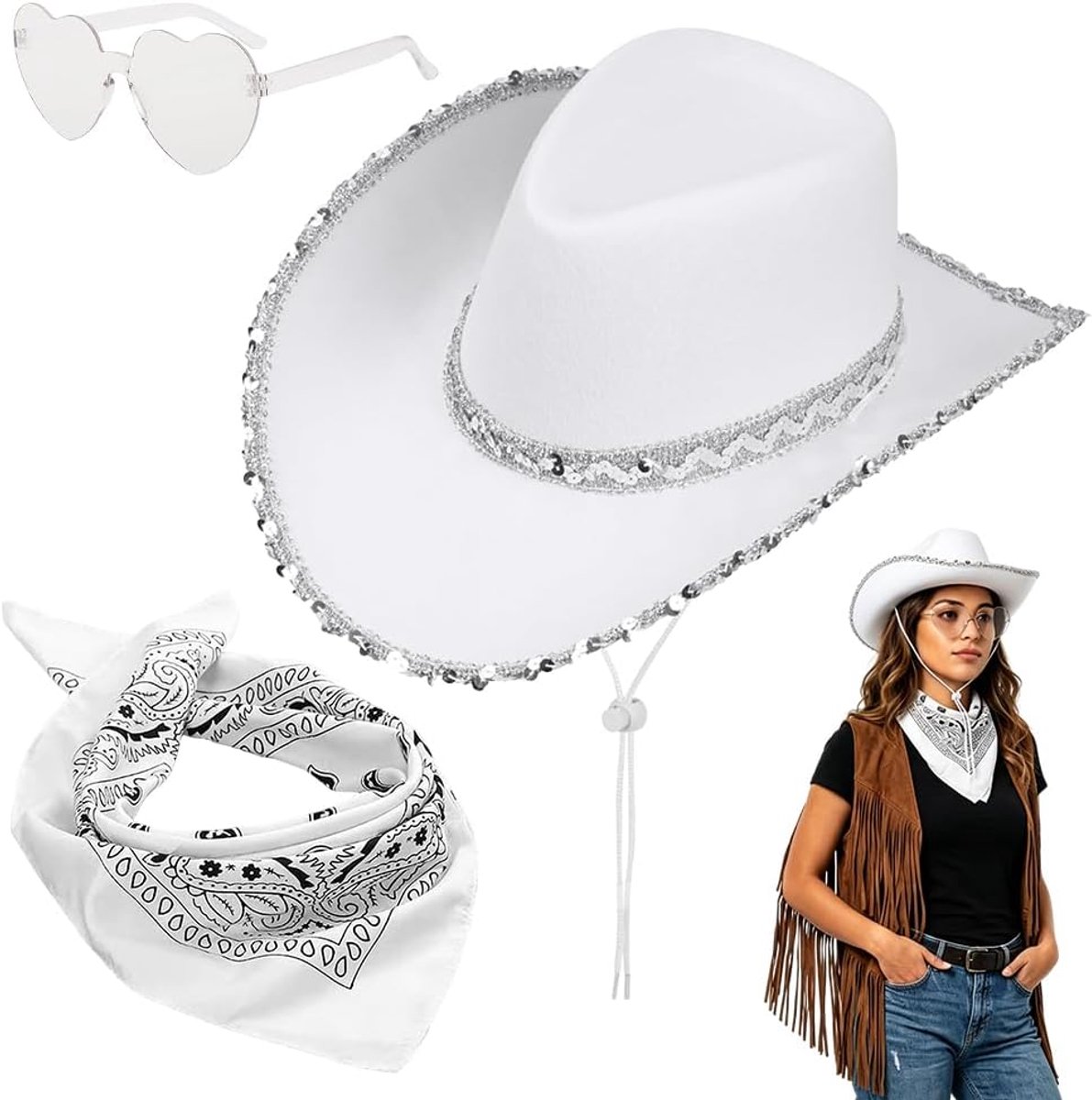 3-delige westerse cowboyhoed voor heren en dames, cowboykostuumset, accessoires, met hoofddeksel en bril, voor Halloween, cosplay, wit