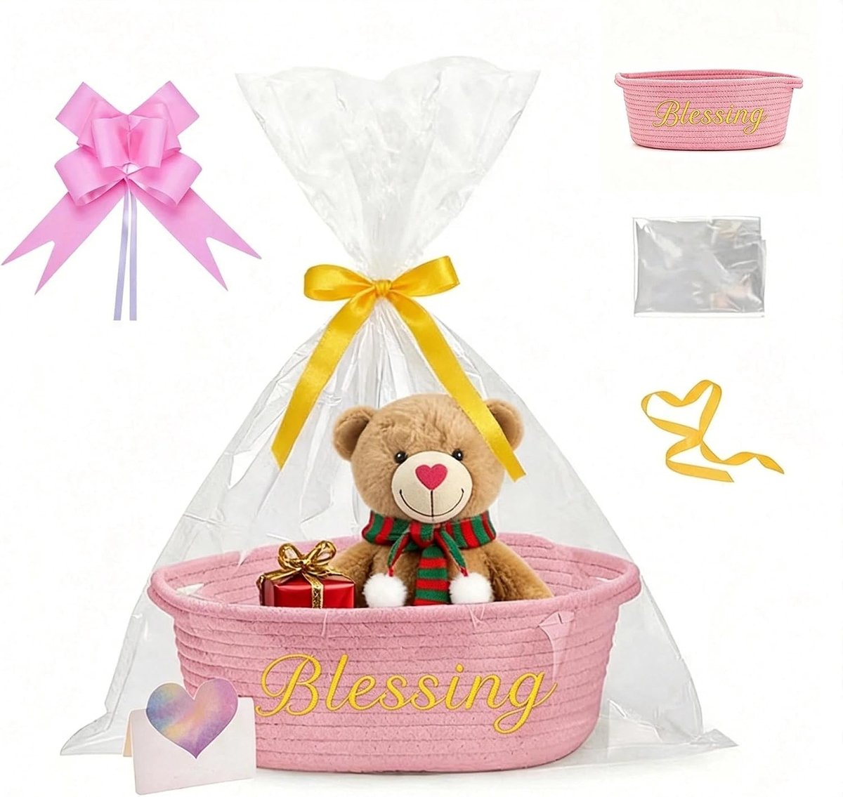 Opbergmand van Geweven Katoen met Handvatten - Inclusief Cadeauzakken en Ribbons voor Feestjes, Verjaardagen en Bruiloften - Roze Kleur