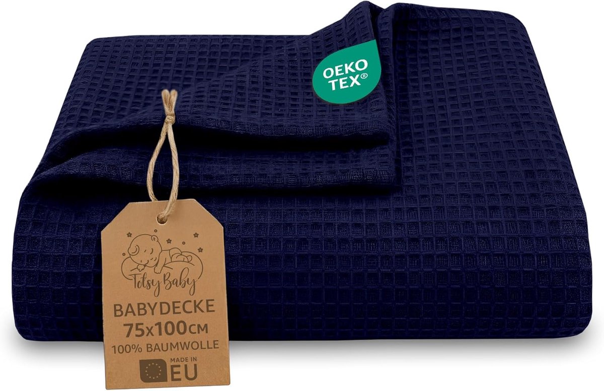 SnelShoppen - Waffle Dekentje Baby 75x100 cm - Ademend Katoenen Waffle Pique - Cribdeken Pram Newborn Zacht voor Jongens en Meisjes Oeko-Tex Navy Blau