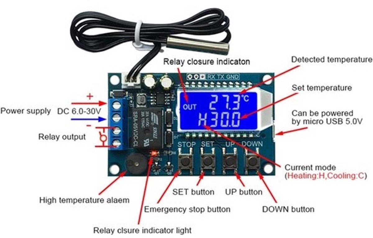 Digitale temperatuurregelaar - DC 6-30V, LCD-tijdklok en schakelaarmodule - Met waterdichte sensor