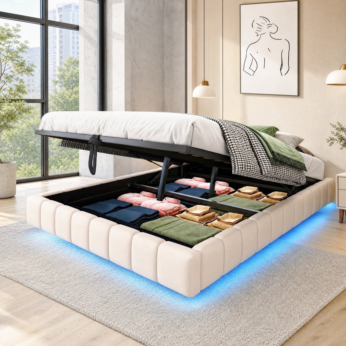 WUVRIE Gestoffeerd opbergbed 140x200 cm met LED-verlichting en hydraulische lift, beige