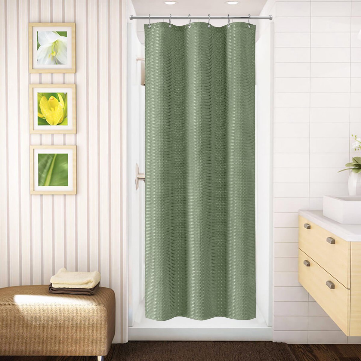 SnelShoppen - Douchegordijn Wafelstof Waterdicht met Metalen Ringen - Anti-Schimmel Badkamer Gordijn Zwaar Textiel voor Douchecabine 92 x 182 cm Groen