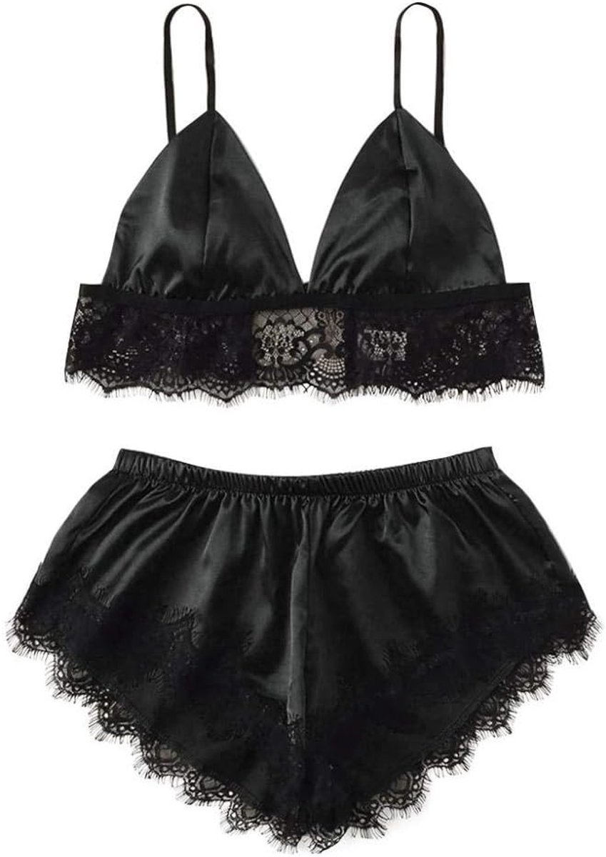 Lingerie Dameslingerie Sexy set kanten Kimono nachtkledingPyjama Dames Lingerie Pyjama Sexy kanten lingerie Zijden ondergoed Nachtkleding Nachthemd Pyjama Satijn-zwart_M