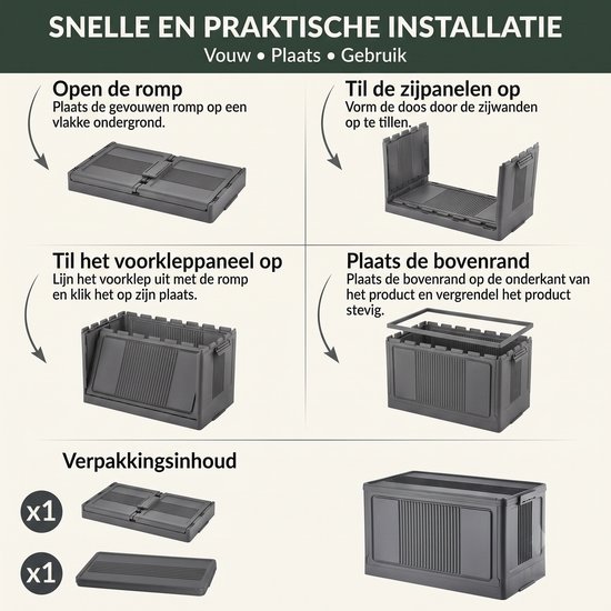 INDECOR Opbergbox 55 Liter met Deksel – Opvouwbare Opbergbox – Stapelbare Opbergkist – Voor Thuis, Garage, Camping & Camper – 56 × 32 × 32 cm - Antraciet — afbeelding 2