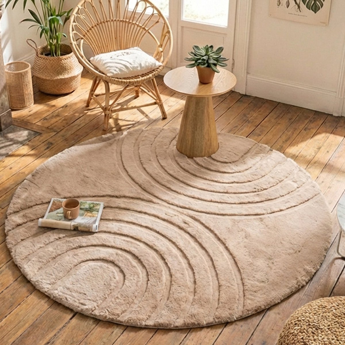 FRAAI Rond hoogpolig vloerkleed - Carvy Arches Taupe - Ø 120cm