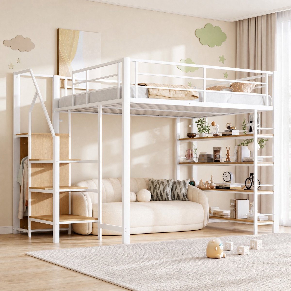 COVREO Hoogslaper met opbergtreden – 140x200 cm – Bed met trap en lades – Voor kinderen en jongeren – Wit - zonder matras