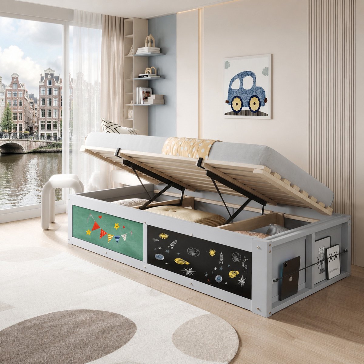 WUVRIE Kinderbed 90x200 cm met hydraulische opbergruimte, krijtbord, viltbord en boekenopslag, grijs
