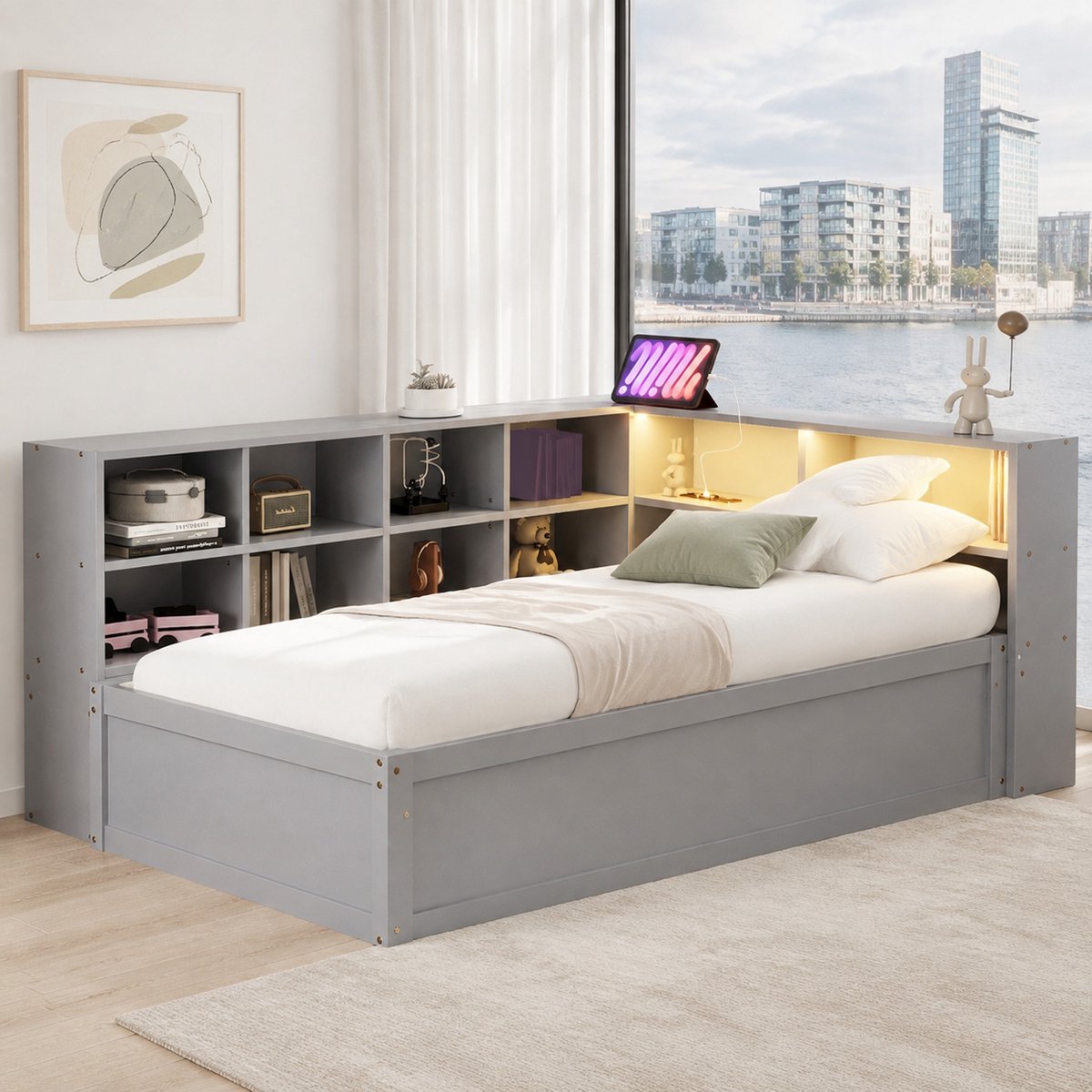 WUVRIE 90x200 cm Grijs Hout Bedframe met Opbergruimte en LED-Verlichting - Multifunctioneel Slaapbank