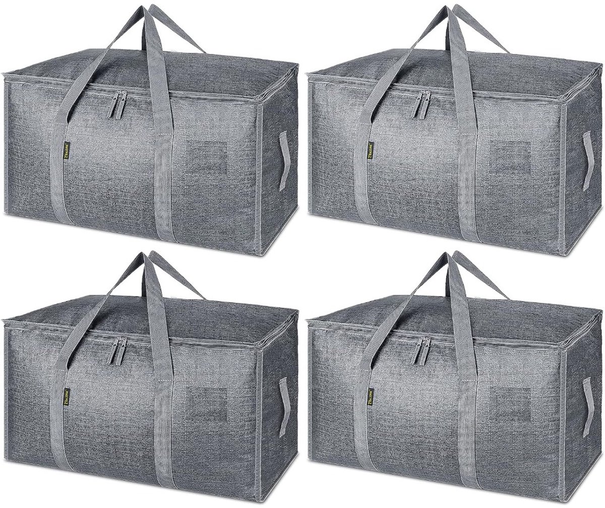 XXL Verhuistassen Set - Verhuis & Opbergtassen - Verhuiszakken - 4 Stuks - 90L - 69x35,5x38 cm - Handvatten & Ritssluiting & Labelvenster - Slijtvast & Scheurvast - Opvouwbaar - Big Moving Bag - Voor Verhuizing & Seizoenskleding - Grijs