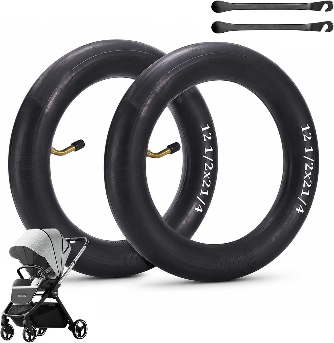 12 inch kinderwagenslangen, 2 stuks binnenslangen met hoekventiel 45°, geschikt voor kinderwagens, driewielers en loopfietsen, inclusief 2 bandenlichters, duurzame vervangingen voor optimale prestaties
